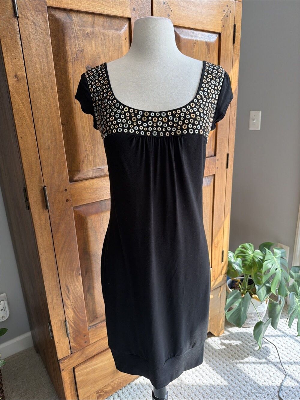 Vintage 2000s Cache Black Scoop Neck Dress With Metallic Rivets Size XS